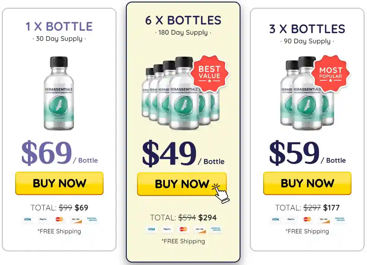 Kerassentials pricing bundles showing 1, 3, and 6 bottle options